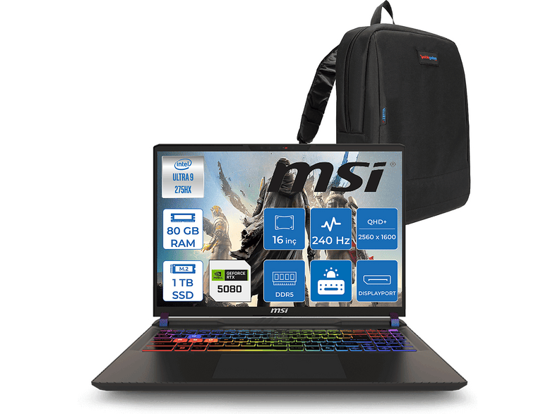 MSI Vector 16 RTX5080 16GB TDP 175W A2XWIG090XTRF32 Intel Core Ultra 9 275HX 80 GB RAM 1 TB SSD 16 inç FreeDOS Laptop+Çanta Siyah