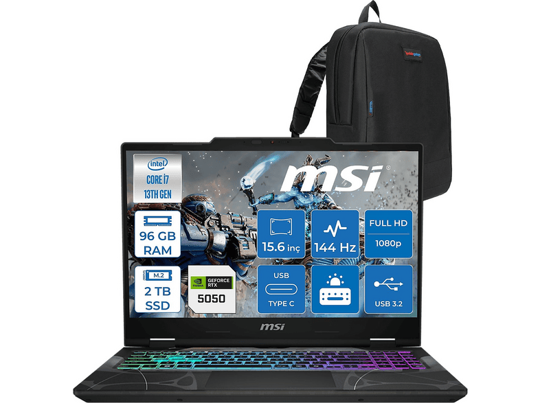 MSI Cyborg 15 DDR5 RTX5050 8GB 144Hz IPS B13WEKG613XTRF39 Intel Core i7-13620H 96 GB RAM 2 TB SSD 15,6 inç FreeDOS Laptop+Çanta Siyah