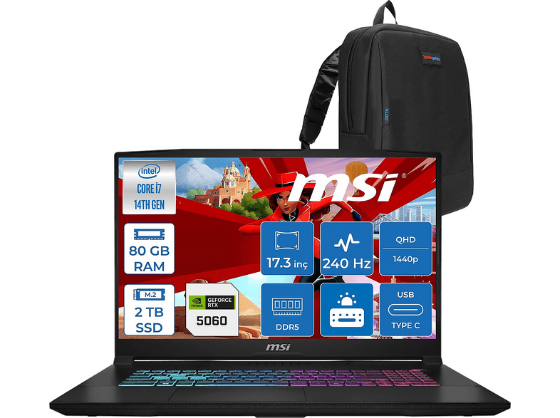 MSI Katna17 HX RTX5060 8GB 2K QHD B14WFK216XTRF34 Intel Core i7-14650HX 80 GB RAM 2 TB SSD 17 inç FreeDOS Laptop+Çanta Siyah