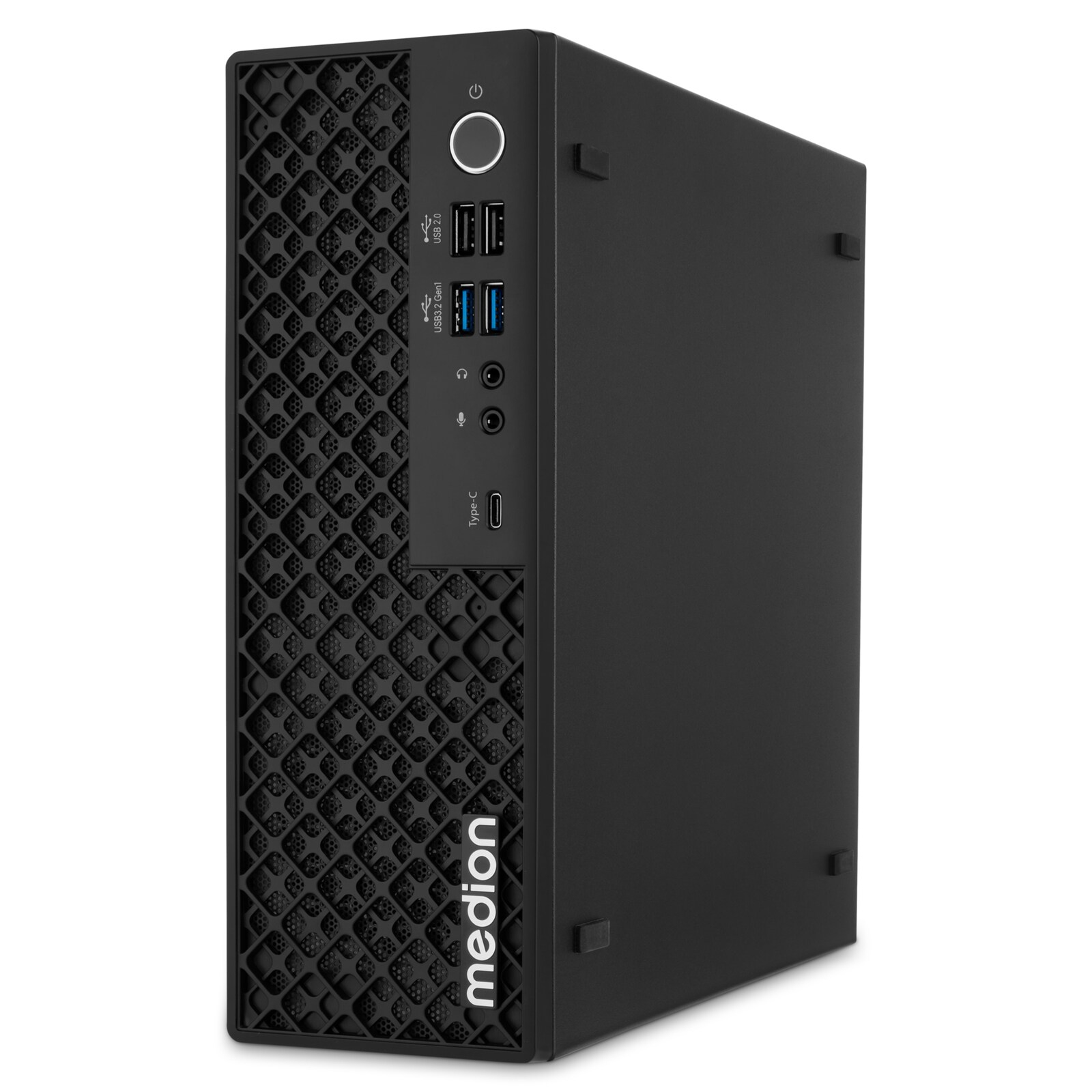 Schwarzer Medion PC mit USB-Anschlüssen und Netzschalter an der Vorderseite.