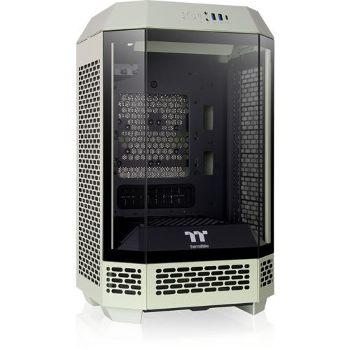 Un case per computer verde chiaro con pannelli laterali in vetro e griglie di ventilazione perforate.