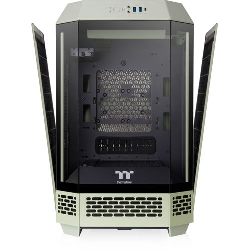 Un case per computer beige con ante in vetro e prese d'aria. L'interno mostra prese d'aria a nido d'ape.