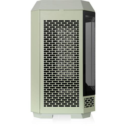 Un case per computer verde chiaro con lato frontale e laterale in vetro.