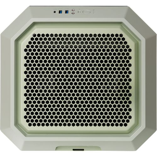 Un case per computer grigio chiaro con griglia a ventola esagonale e porte.