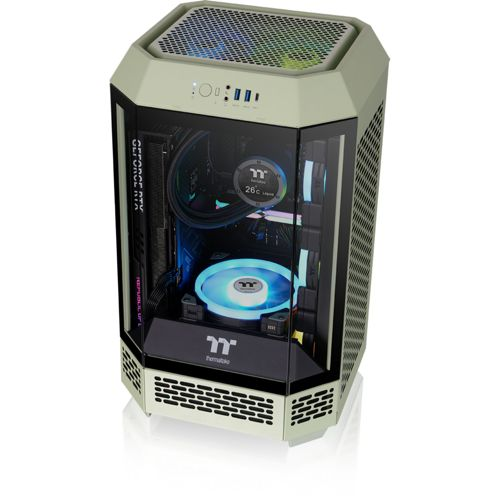 Un case per computer beige con lati in vetro, ventole interne e illuminazione RGB.