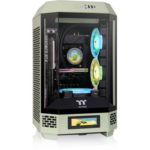 Un case PC verde chiaro con frontale in vetro, mostra scheda grafica, ventole e raffreddamento a liquido.