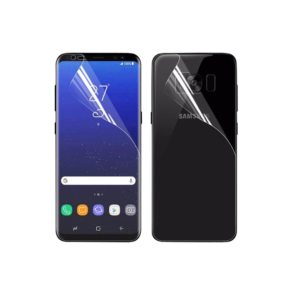 Ekran korumalı iki Samsung akıllı telefon, ön ve arka görünümleri.