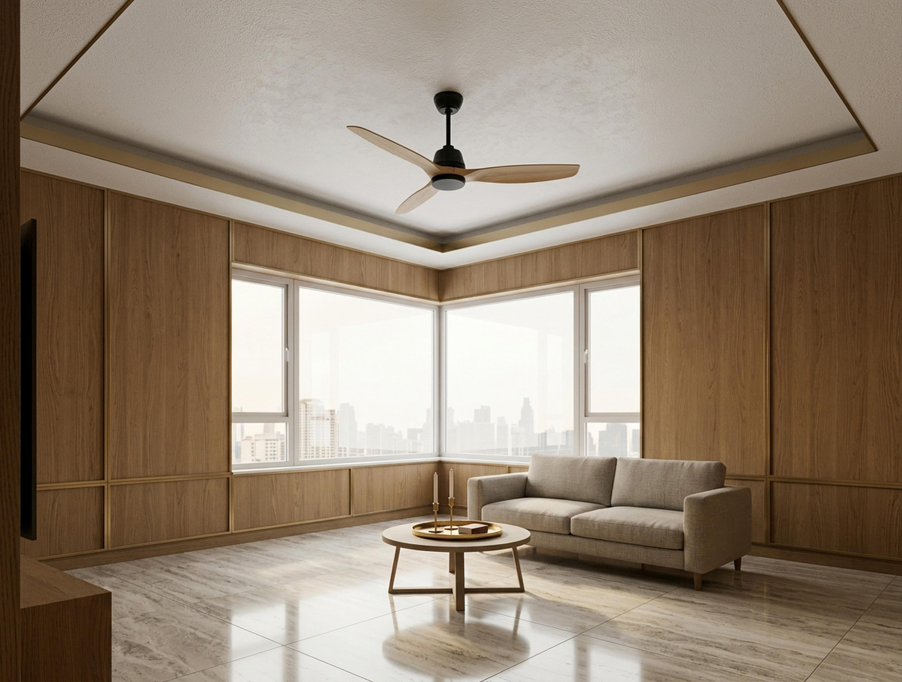 Una sala de estar con paneles de madera, sofá, mesa de centro y vista a la ciudad.