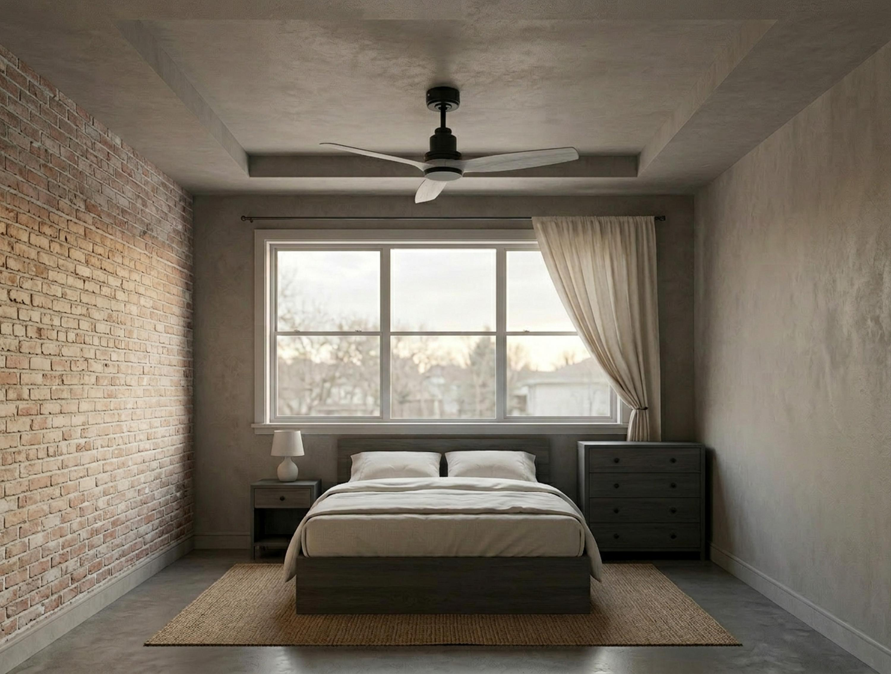 Un dormitorio con pared de ladrillo, cama, cómoda y ventana con cortinas.
