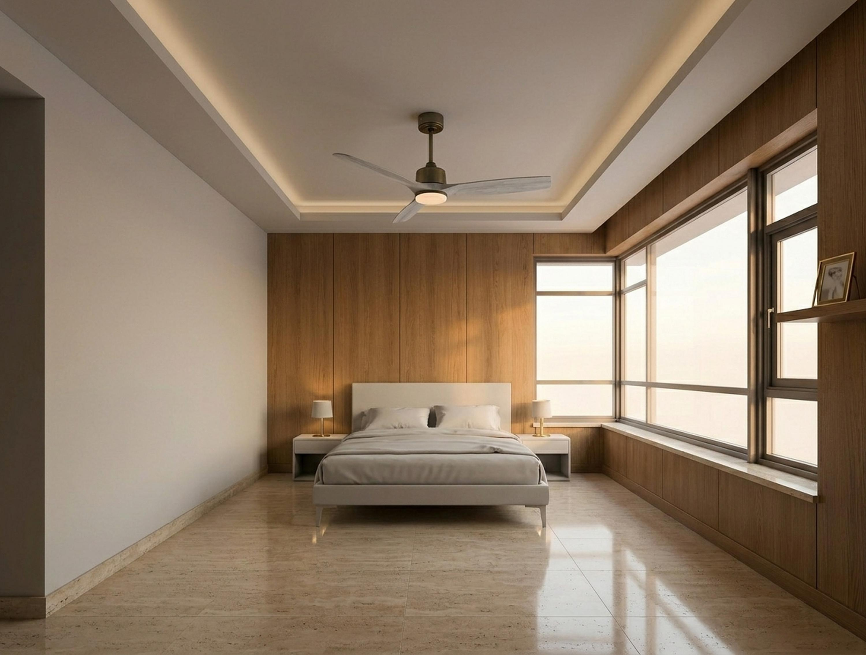 Un dormitorio con cama, mesitas de noche, ventilador de techo y grandes ventanas.