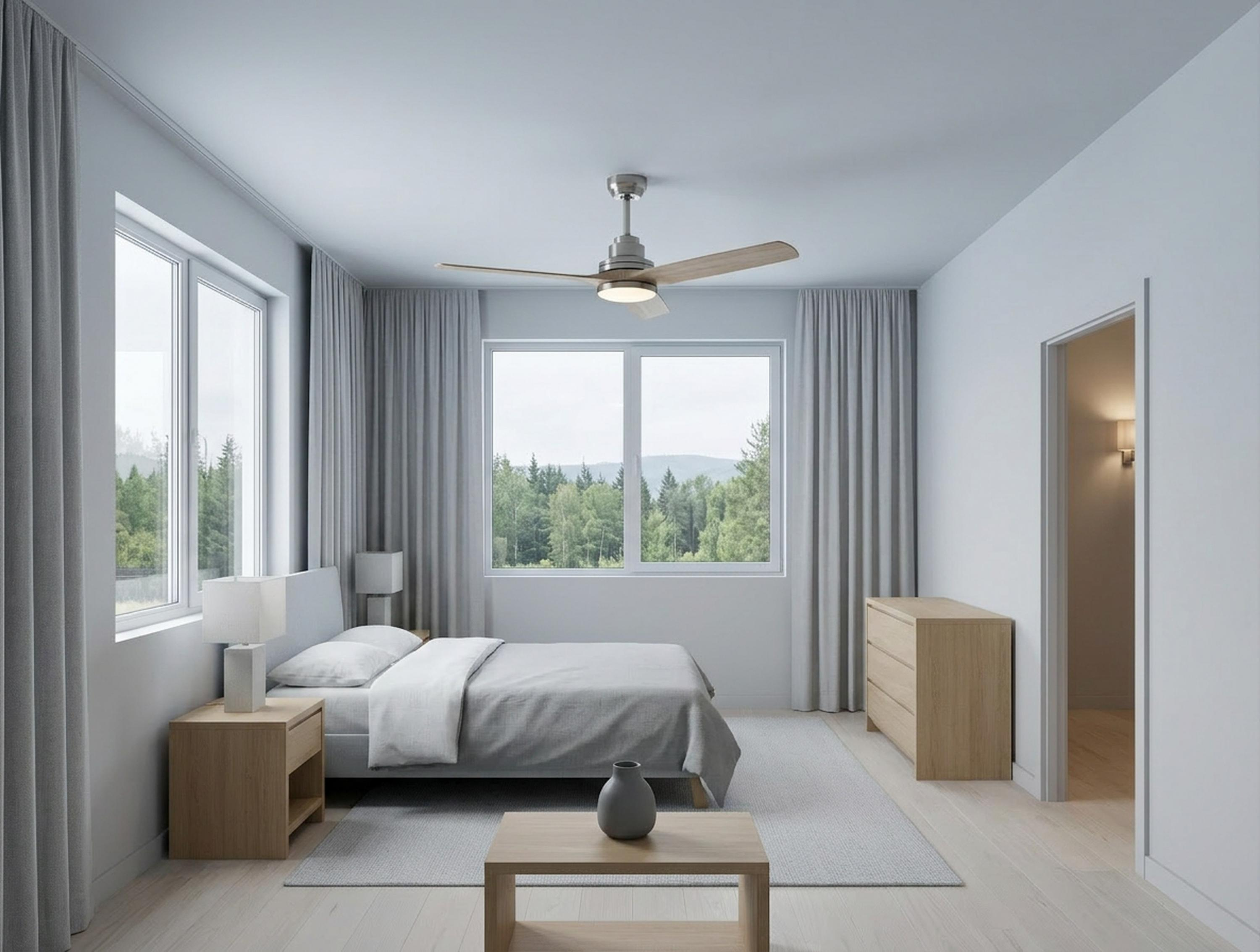 Un dormitorio con cama, mesita de noche, cómoda y ventilador de techo.
