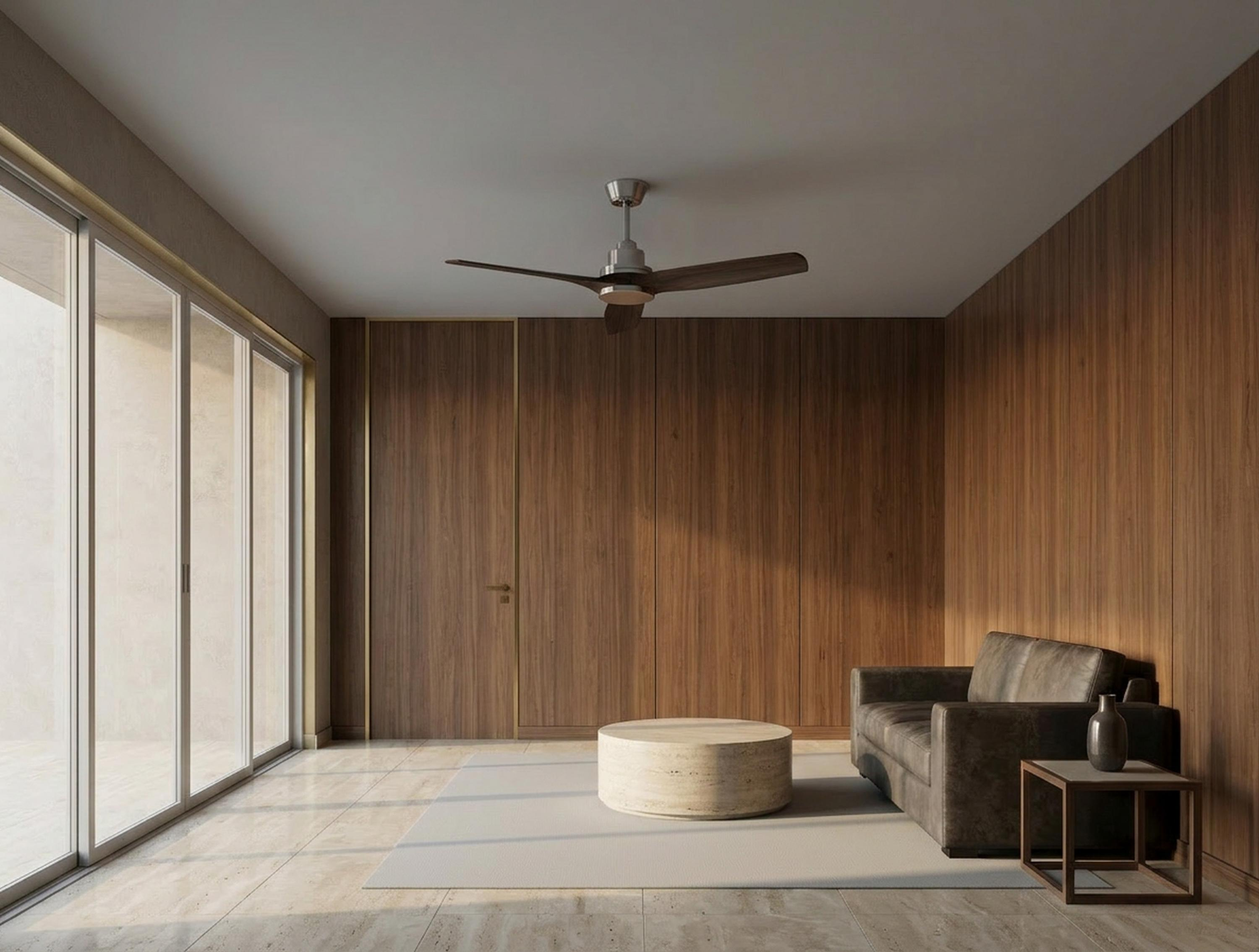 Una sala de estar con paredes de madera, sofá de cuero, mesa de centro y ventilador de techo.