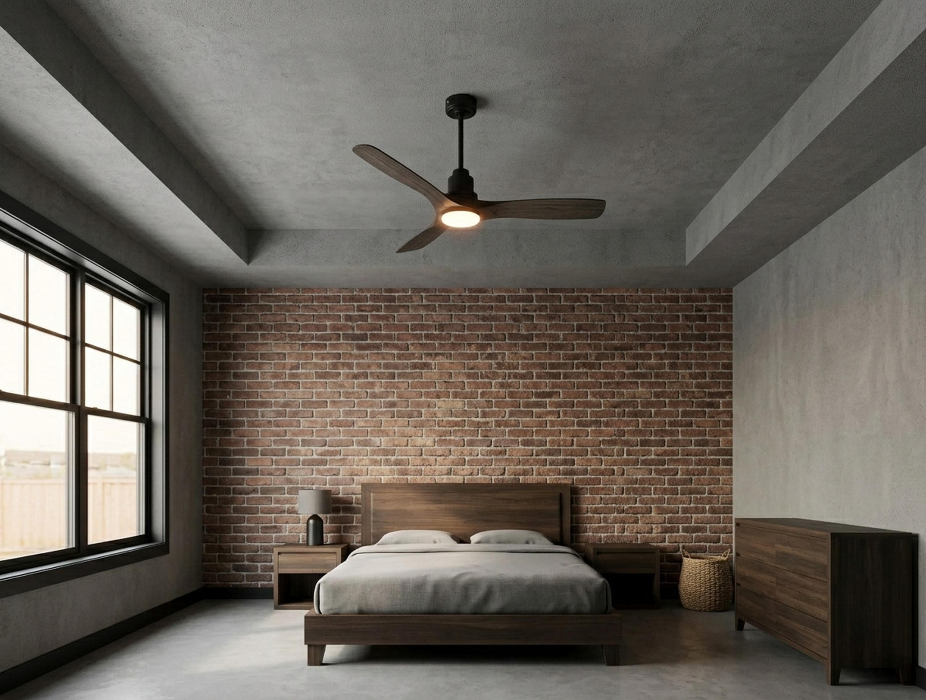 Un dormitorio con pared de ladrillos, cama de madera, mesita de noche, lámpara, cesta y cómoda.
