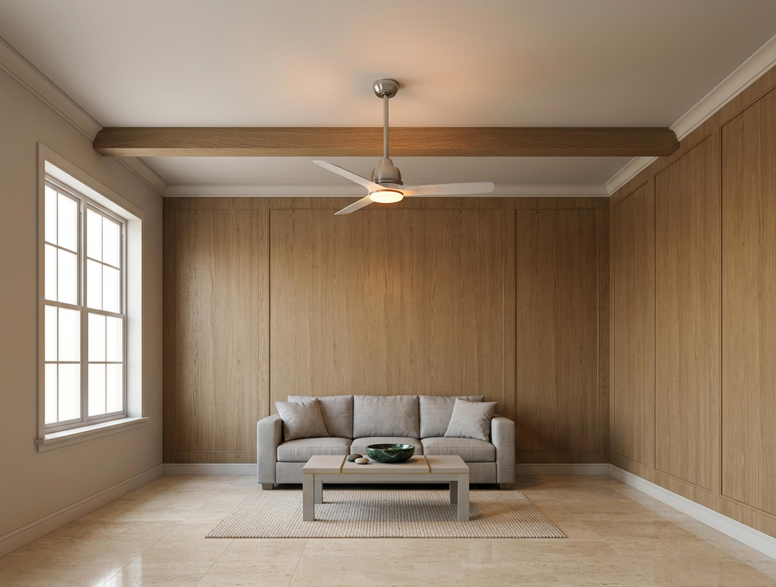 Sala de estar moderna con sofá, mesa de centro, ventilador de techo y ventana.