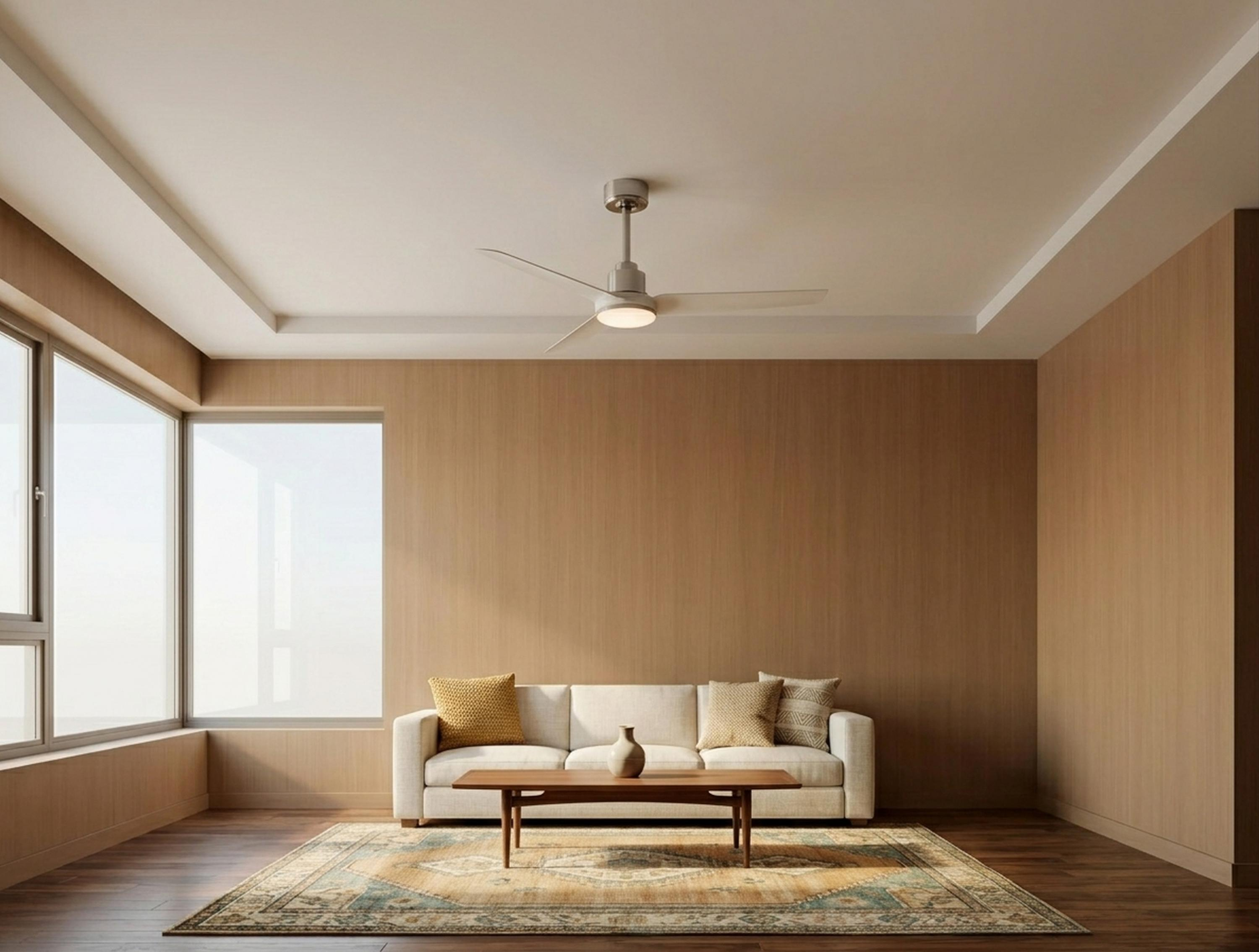 Una sala de estar luminosa con paredes de madera, sofá, mesa de centro, alfombra y ventilador de techo.