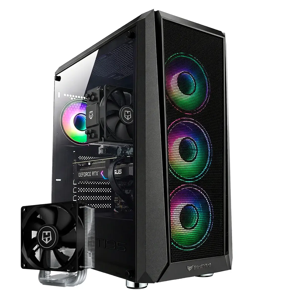PC da gaming nero con pannello laterale in vetro, ventole RGB e ventola esterna.