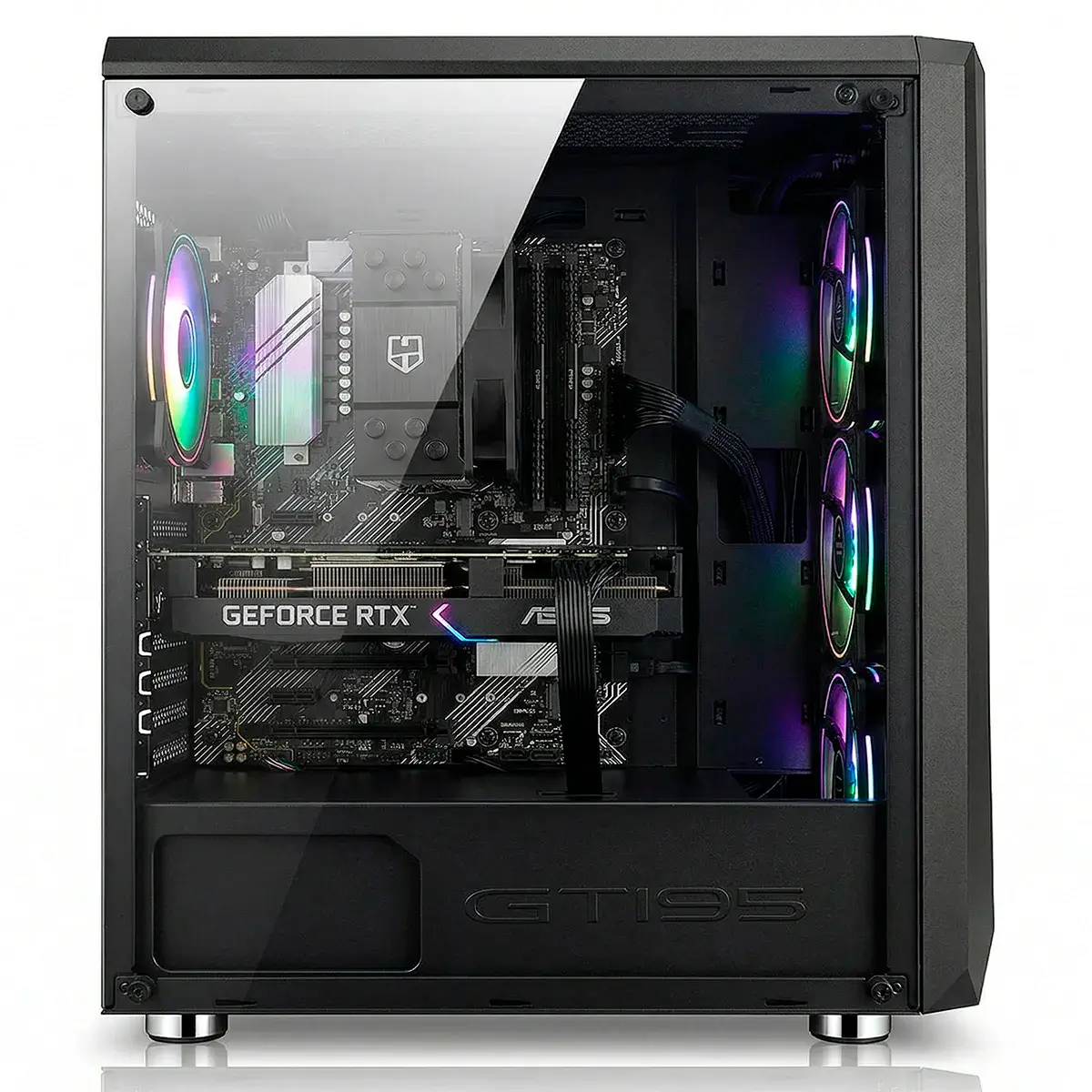 Un case per PC nero con pannello laterale in vetro, che mostra componenti interni e illuminazione RGB.