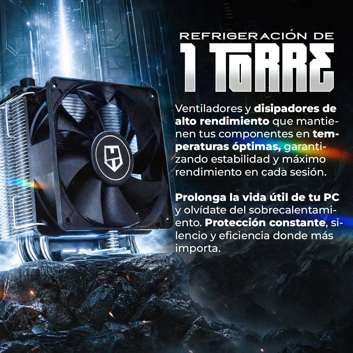 Un dissipatore per CPU con ventola e alette su una superficie rocciosa.
