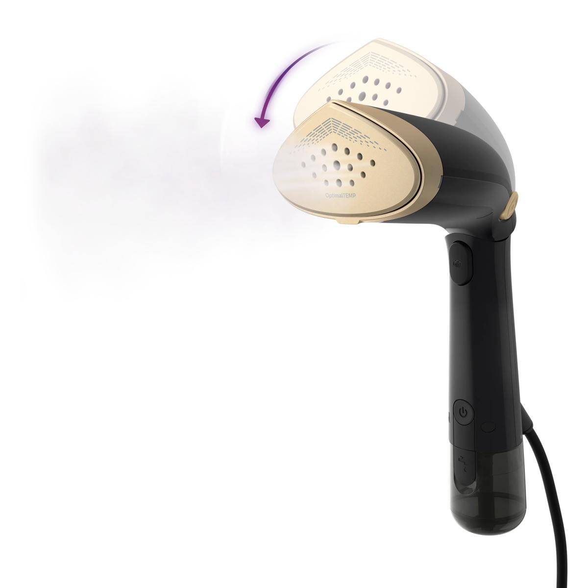 Un vaporizzatore per abiti nero con parte superiore dorata emette vapore. Una freccia indica il movimento.