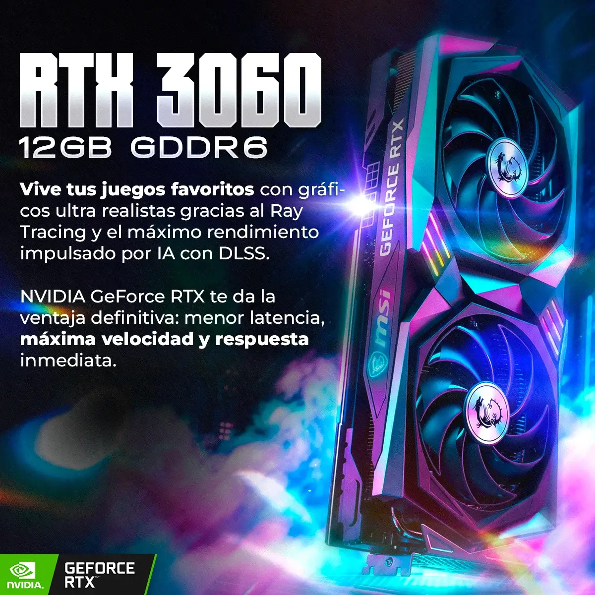 Scheda grafica RTX 3060 con 12GB GDDR6, illuminata da luce blu e rosa.