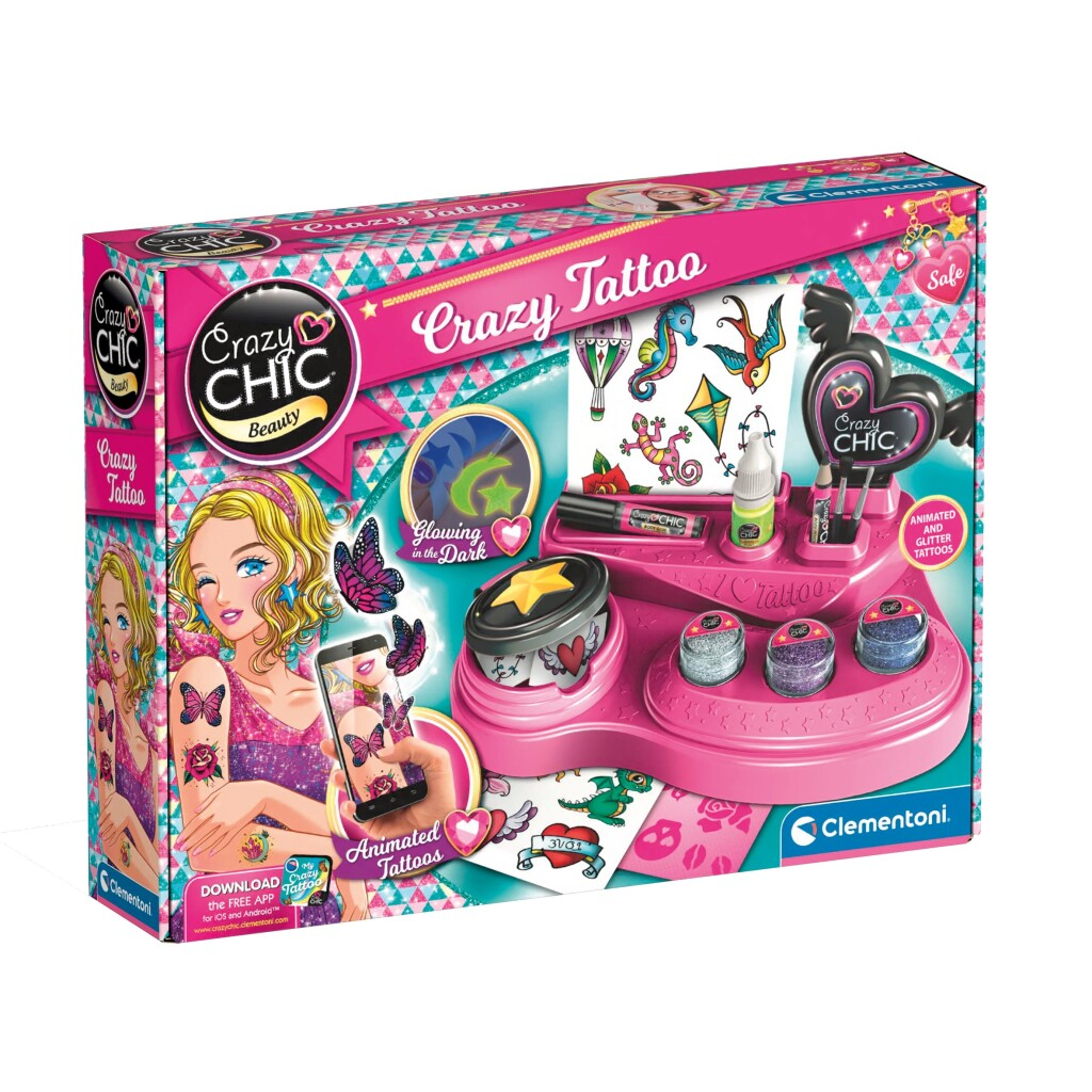 Un kit per tatuaggi Crazy Chic con glitter ed elementi luminosi al buio.