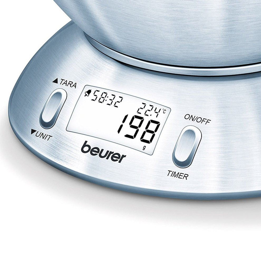 Bilancia da cucina digitale argentata con display LCD, mostra 198g e 22.4C.