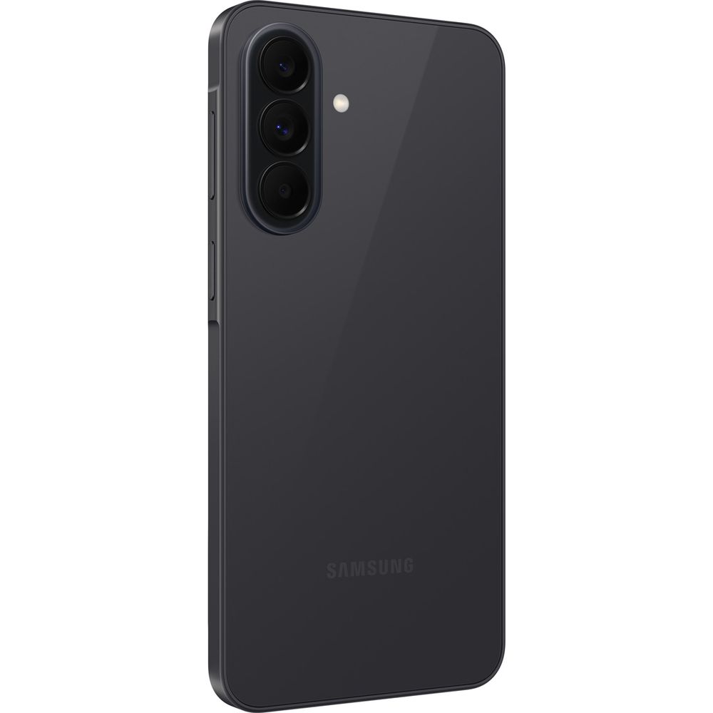 Smartphone grigio scuro con tre obiettivi e flash sul retro.