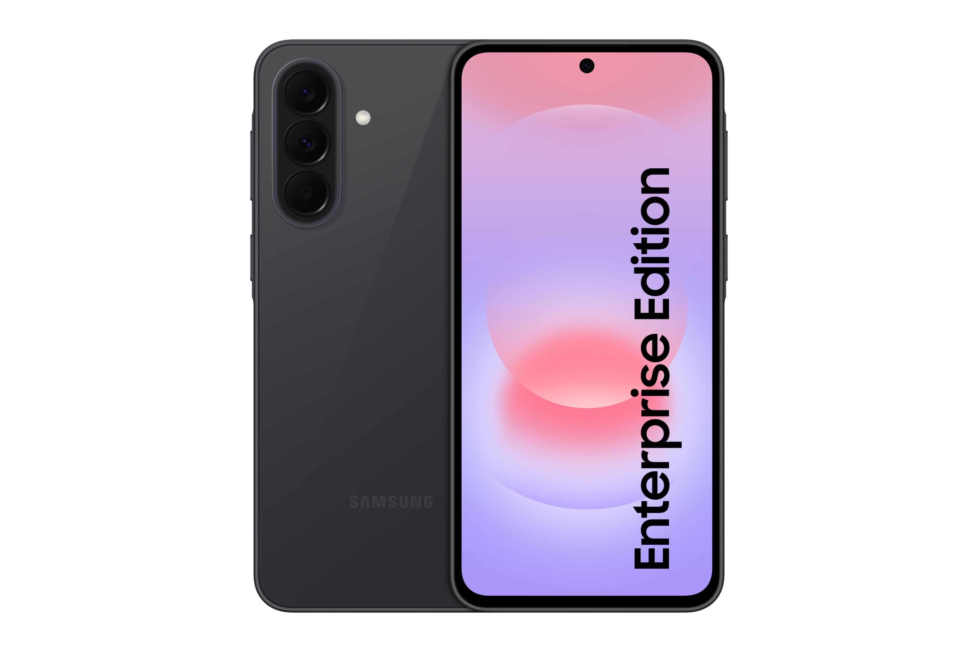 Uno smartphone scuro con tre fotocamere posteriori e la scritta "Enterprise Edition" sullo schermo.