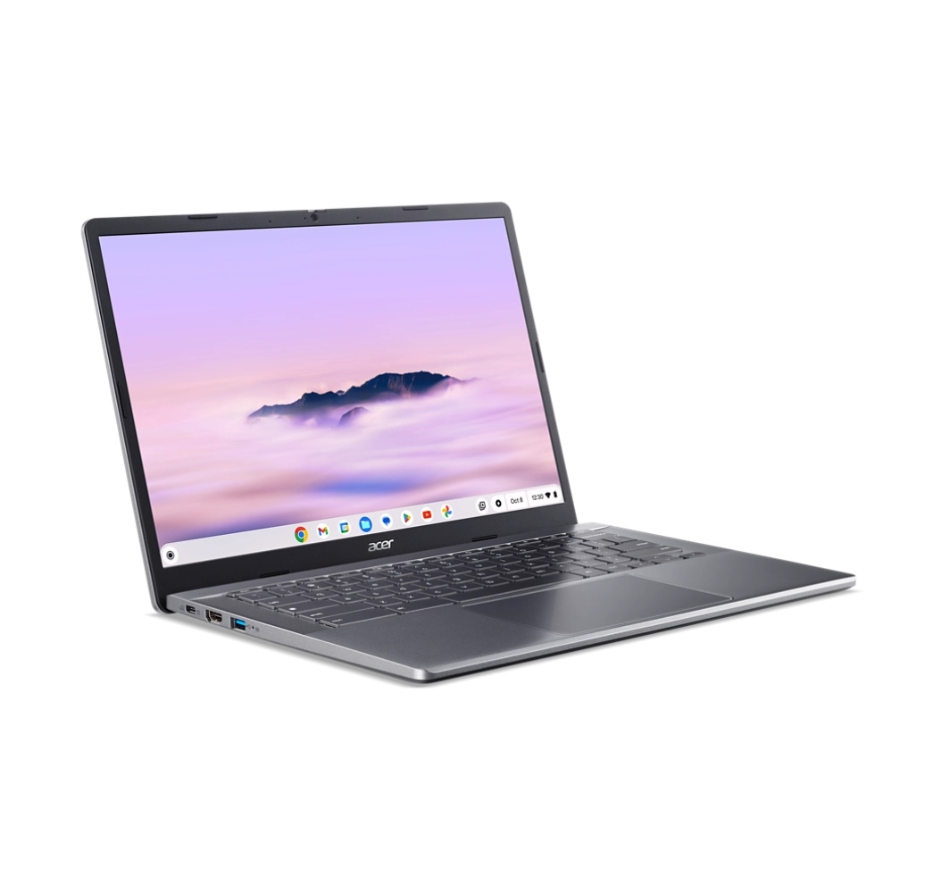Un laptop Acer argentato aperto con schermo montuoso e tastiera.
