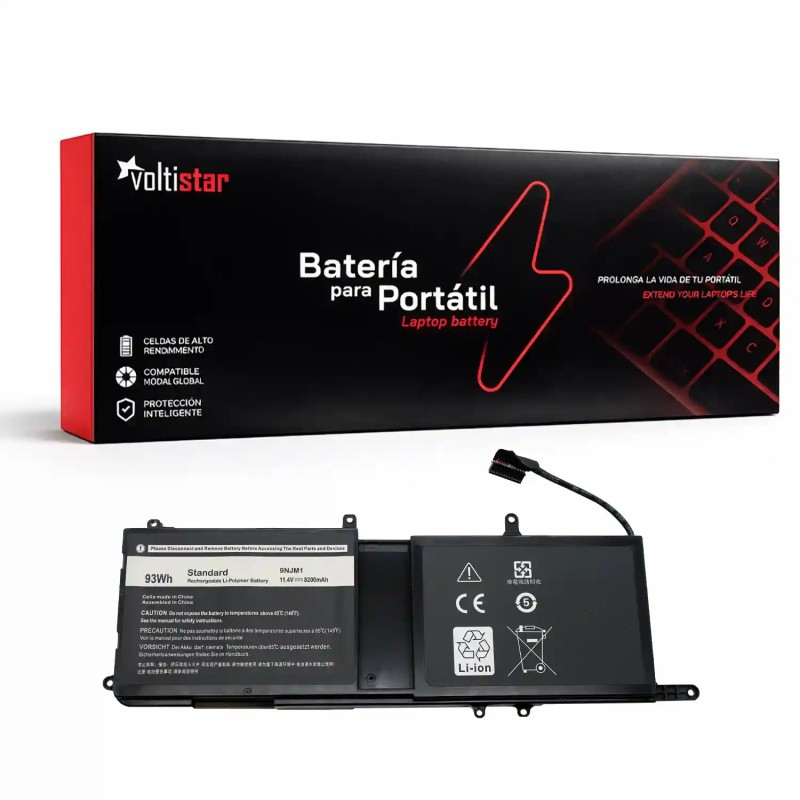 Batería de portátil Voltistar y caja con logo, rayo y diseño de teclado.