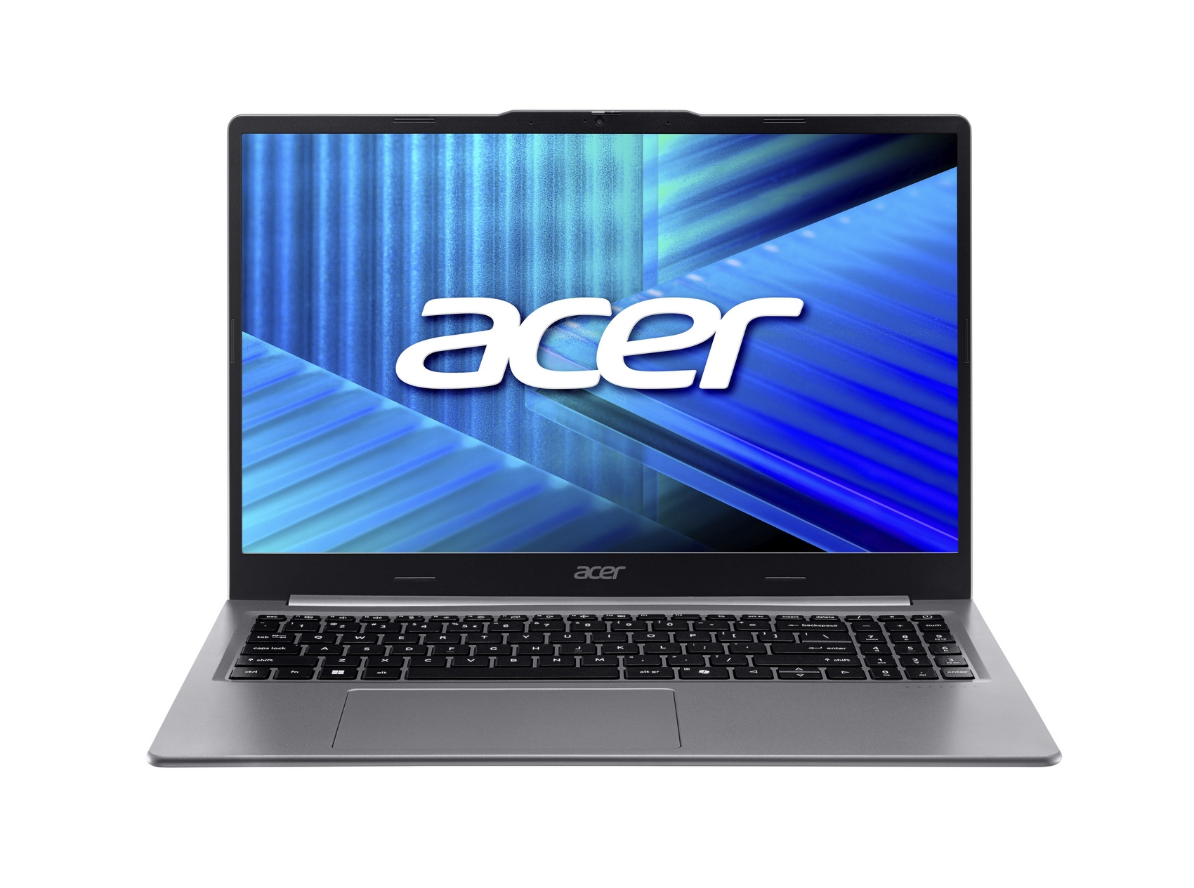 Un laptop Acer argentato chiuso con tastiera retroilluminata su sfondo bianco.