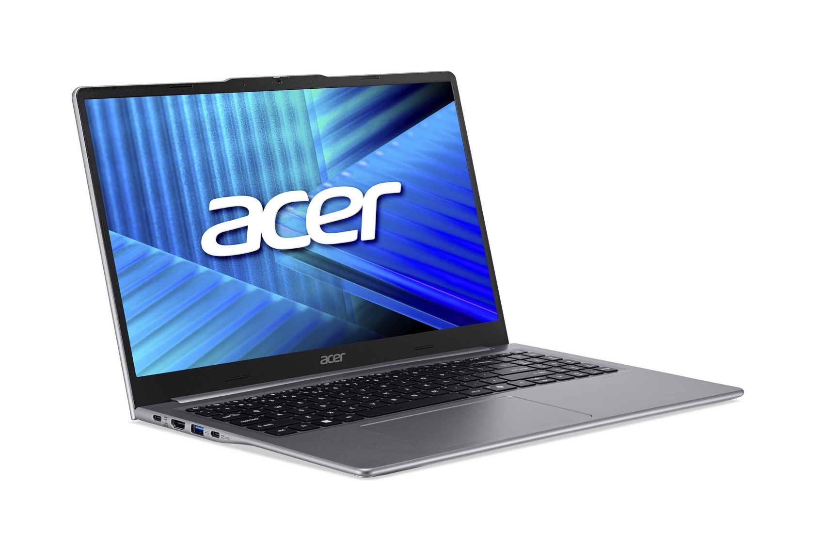 Un laptop grigio Acer con sfondo blu e tastiera.
