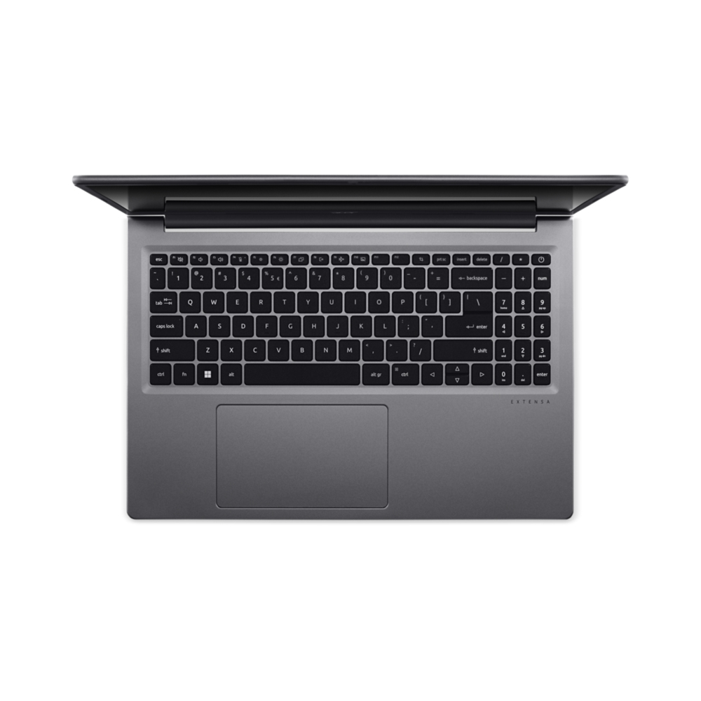 Un laptop grigio con il coperchio aperto, vista dall'alto. Tastiera e touchpad visibili.