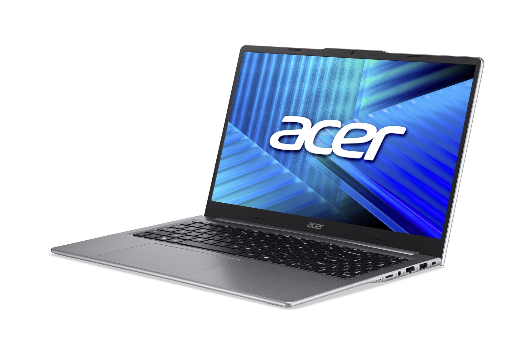 Laptop Acer argento con sfondo schermo astratto blu e tastiera.