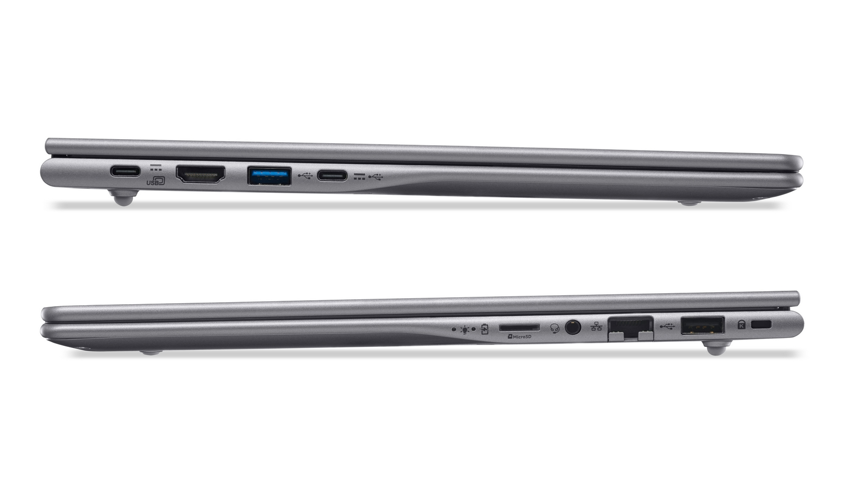 Laptop argento che mostra le porte: USB-C, HDMI, USB-A, MicroSD, cuffie, Ethernet.