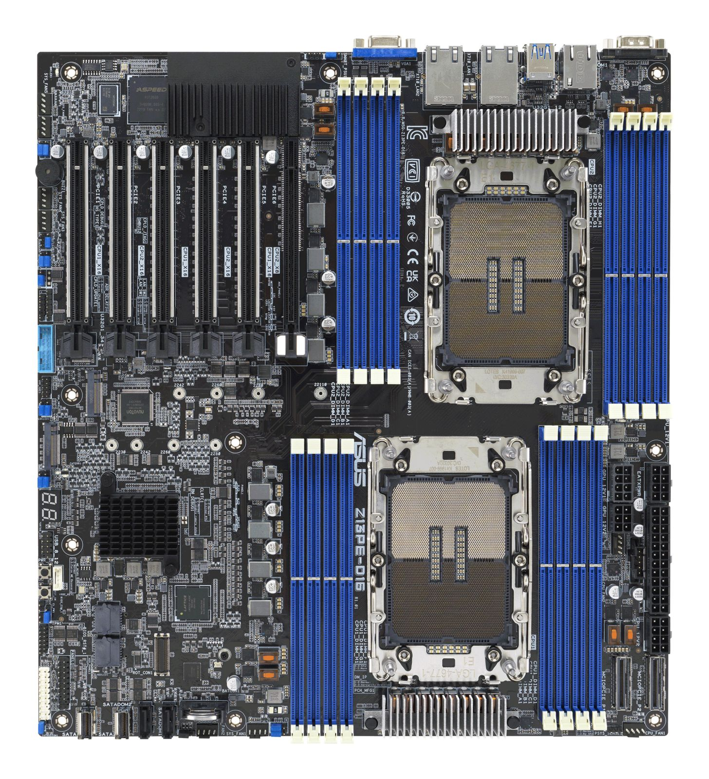Una scheda madre ASUS Z18PE-D16 nera con due socket CPU e molti slot RAM blu.