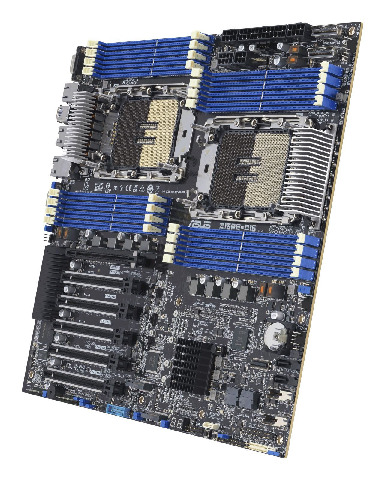 Una scheda madre dual CPU con numerosi slot RAM, slot PCIe e dissipatori.