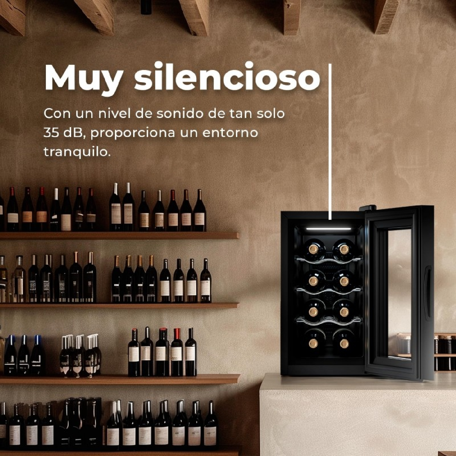 Un enfriador de vino para ocho botellas, con estantes llenos de vino.