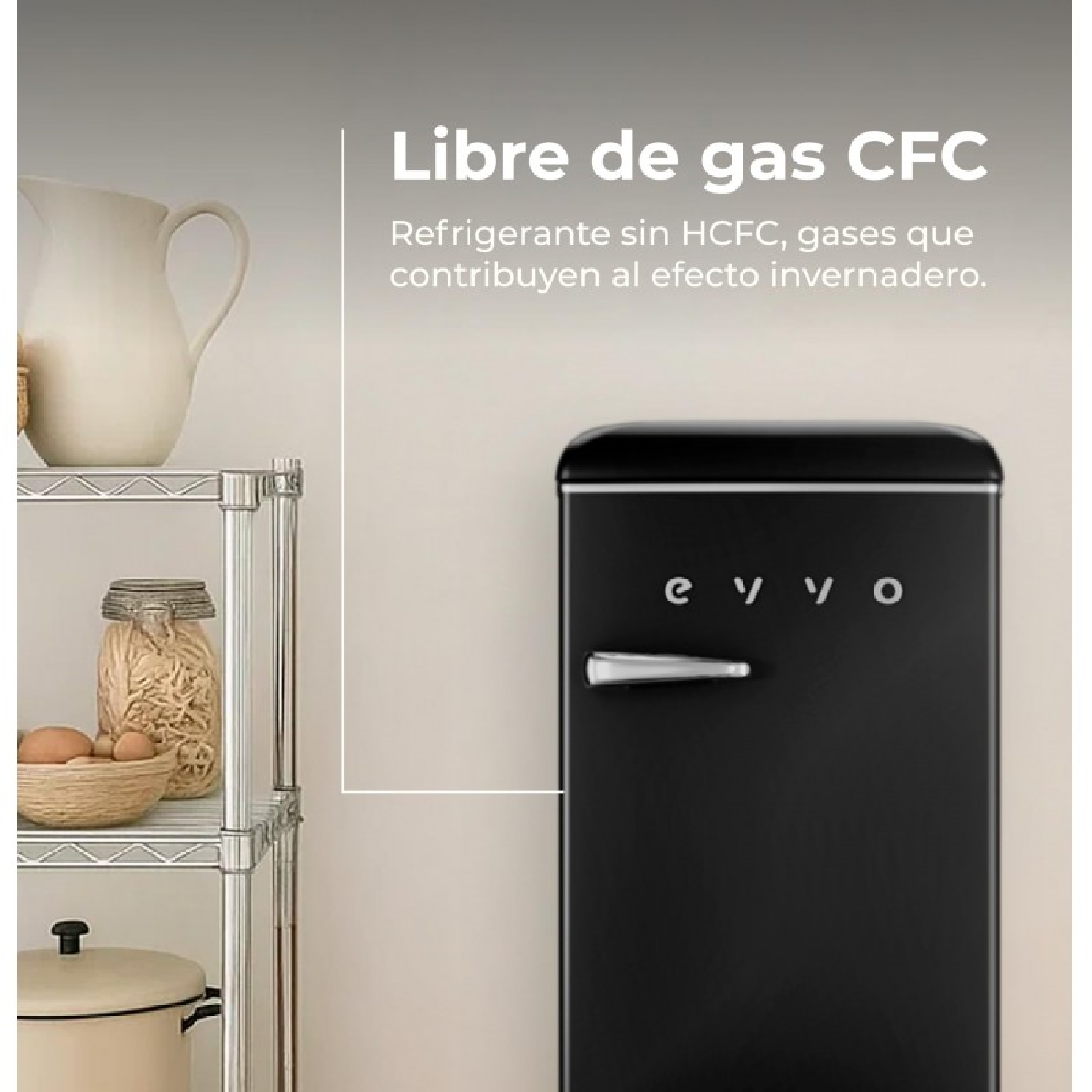 Refrigerador negro con logo "eyyO" junto a estantes con alimentos.