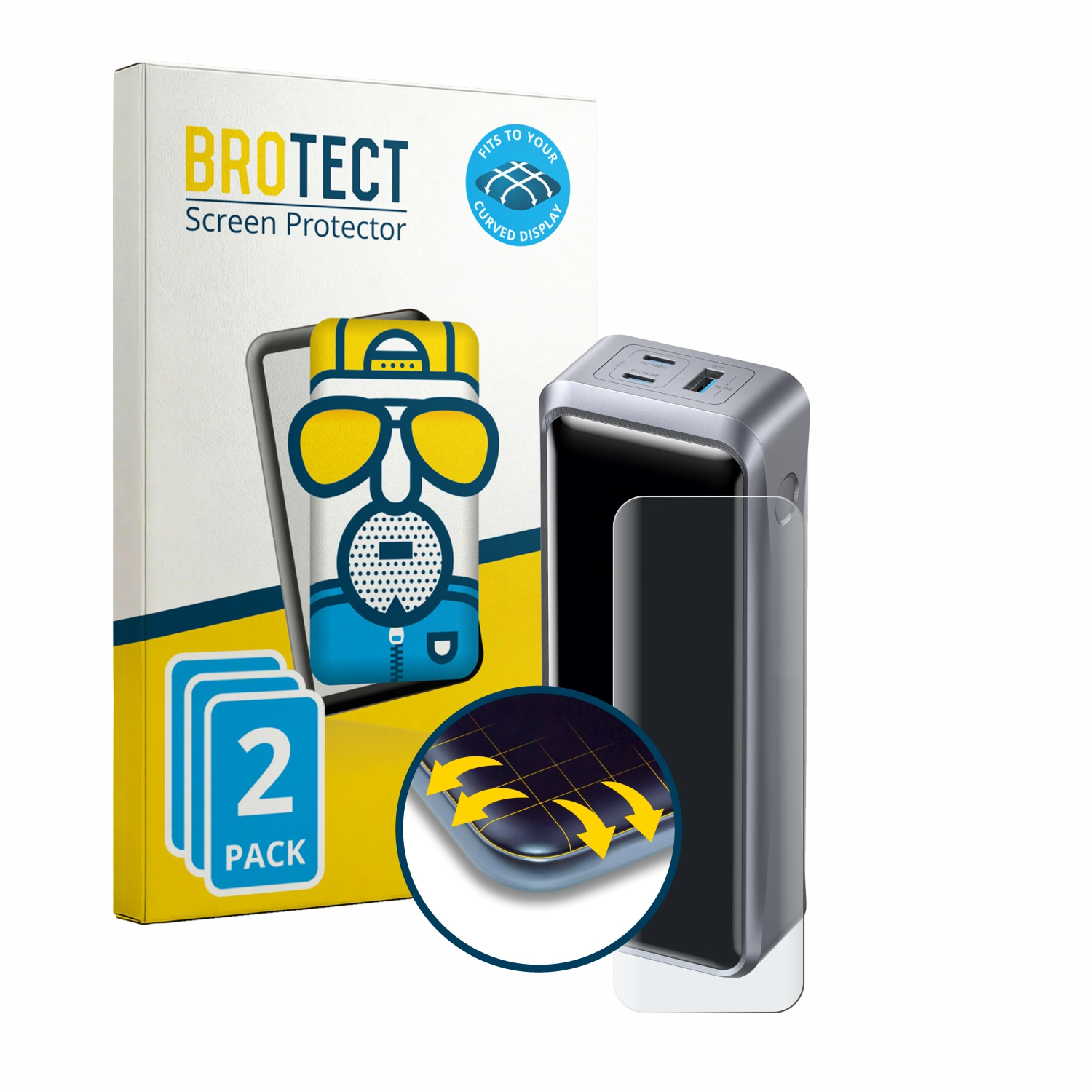 BROTECT Displayschutzfolie Packung mit Ladegerät und gekrümmter Display-Illustration.