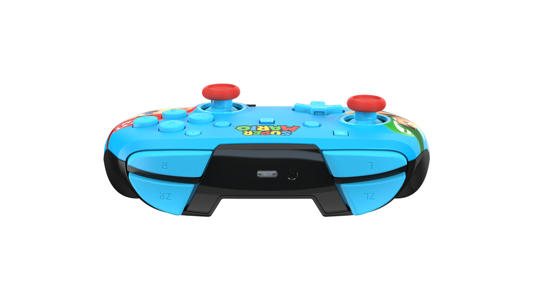 Ein blauer Nintendo Switch Controller mit Super Mario-Grafiken und roten Analogsticks.