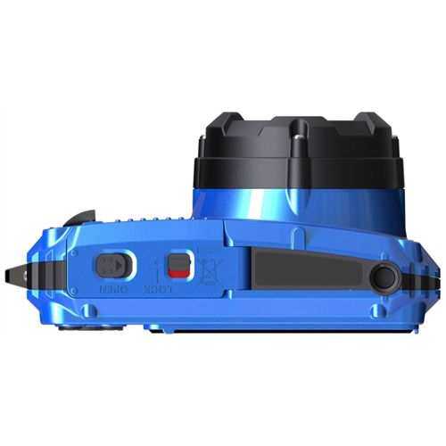 Blaue robuste Digitalkamera mit schwarzen Bedienelementen, Seitenansicht.