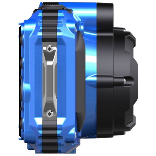 Eine blaue und schwarze Kamera mit einem silbernen Griff und Schrauben.