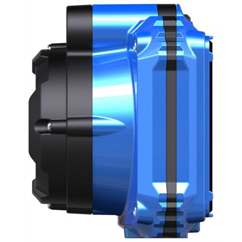 Ein blaues Metallgehäuse mit schwarzen Streifen, das eine mechanische Komponente darstellt.