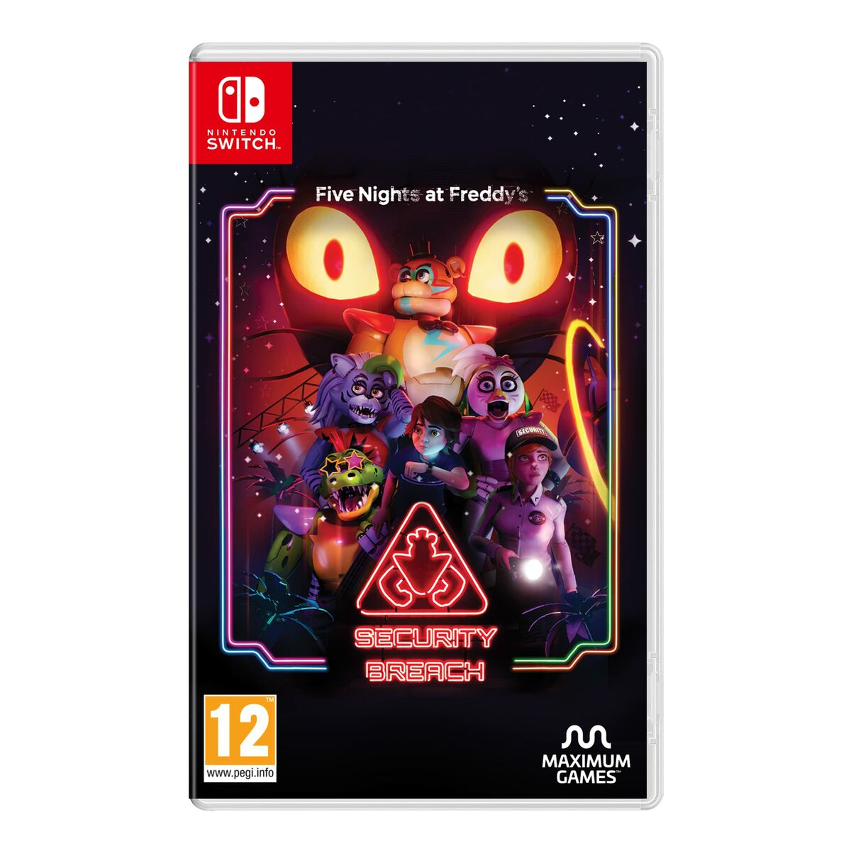 Okładka gry z Freddym Fazbear'em i przyjaciółmi, neonowe światła, logo Nintendo Switch.
