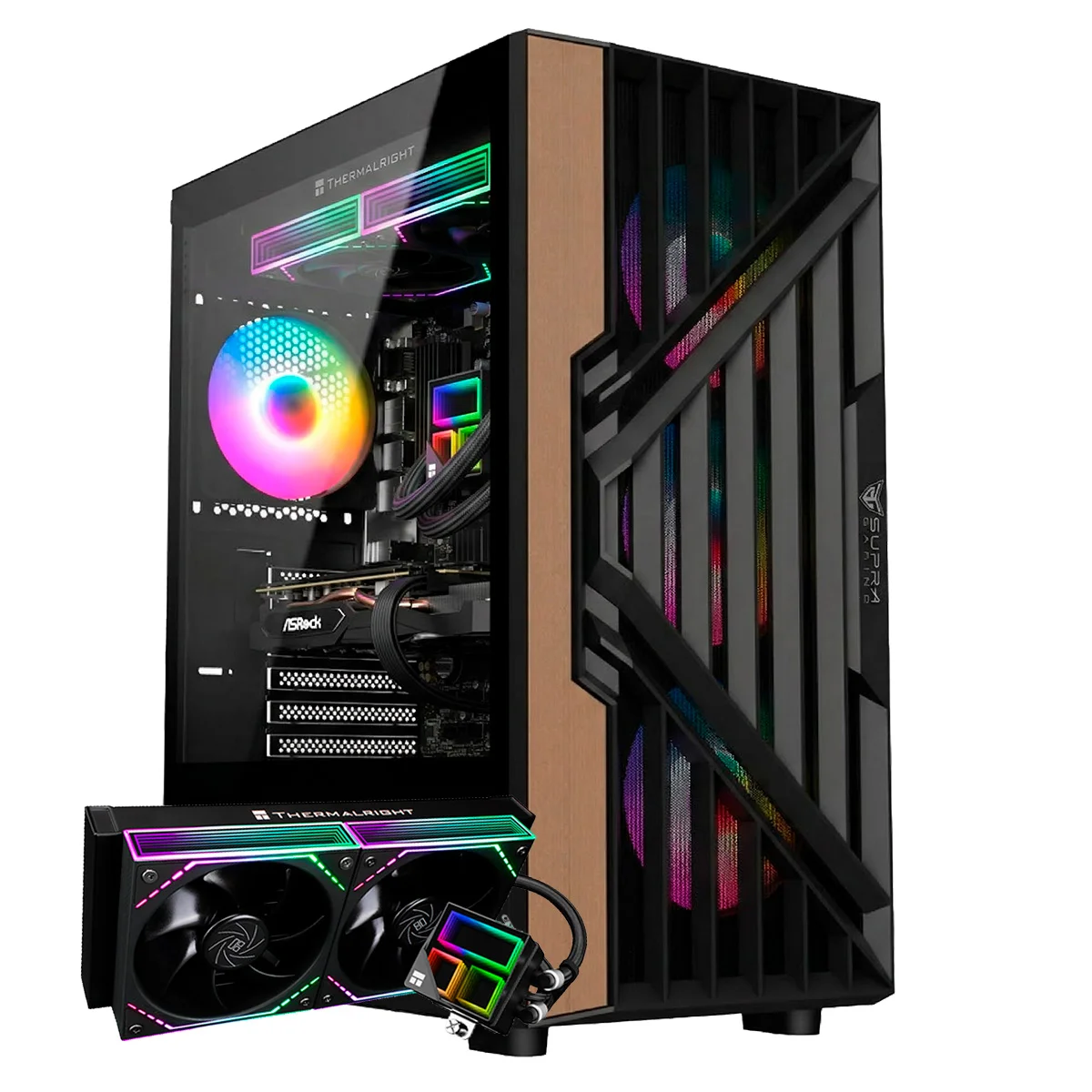 Una torre PC nera con pannello laterale in vetro, che mostra luci RGB e componenti. Un'unità di raffreddamento separata è davanti.