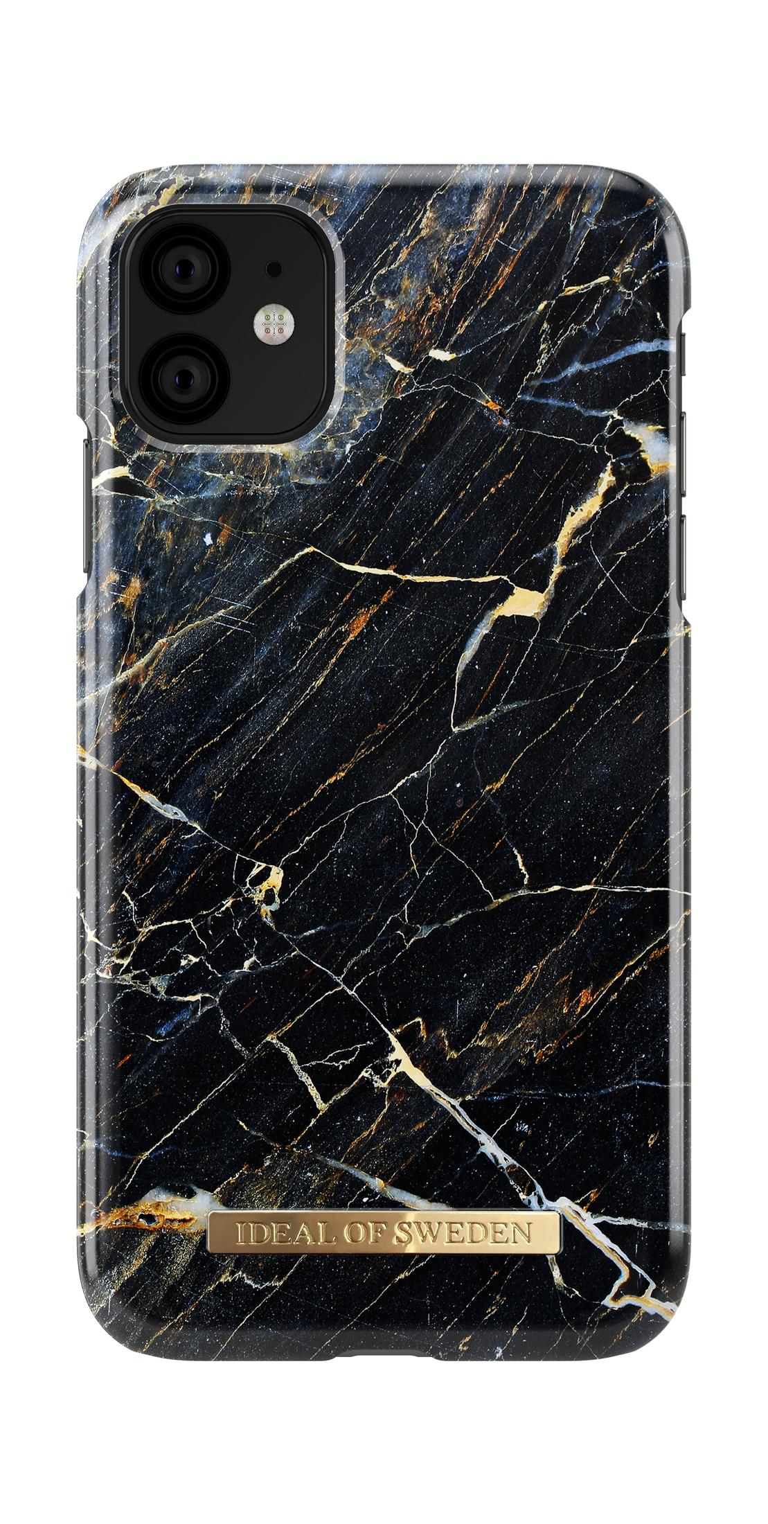 Altın damarlı mermer desenli siyah telefon kılıfı. Altta logo bulunur.