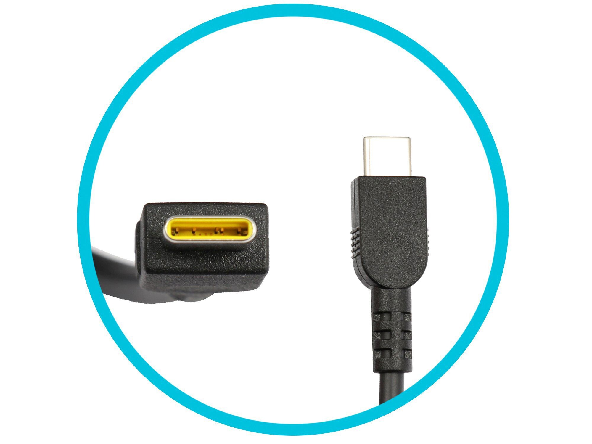 Ein schwarzer USB-C-Stecker und ein schwarzer Netzteilstecker mit gelben Kontakten.