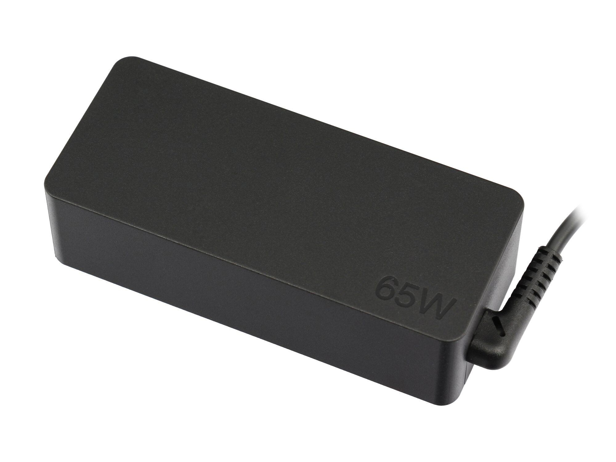 Schwarzer 65W Netzteiladapter mit abgewinkeltem Stecker auf weißem Hintergrund.