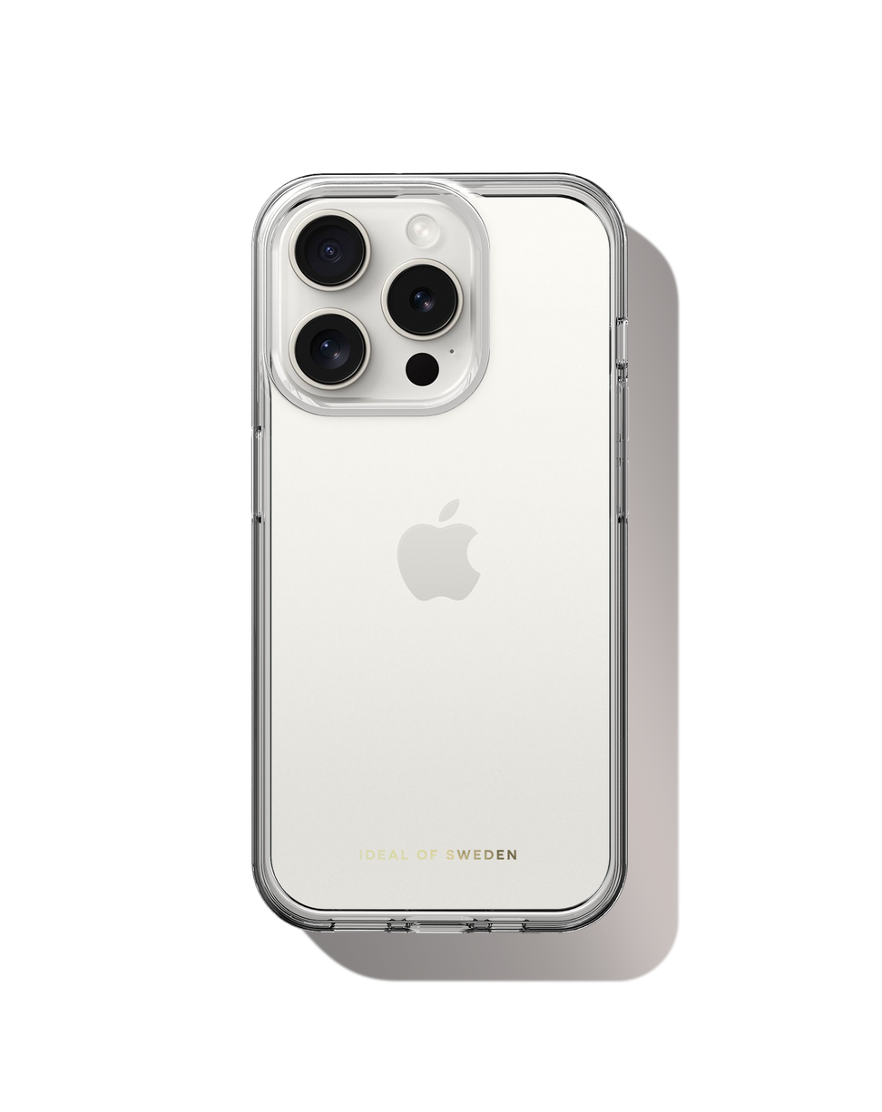 Kameralı ve logolu, şeffaf kılıfta beyaz iPhone.